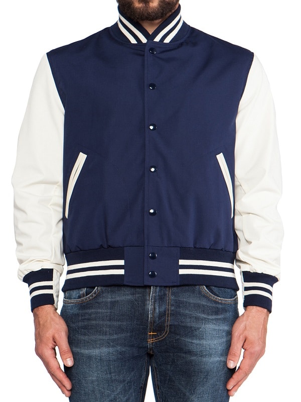 Men Navy Blue And White Letterman Varsity Jacket