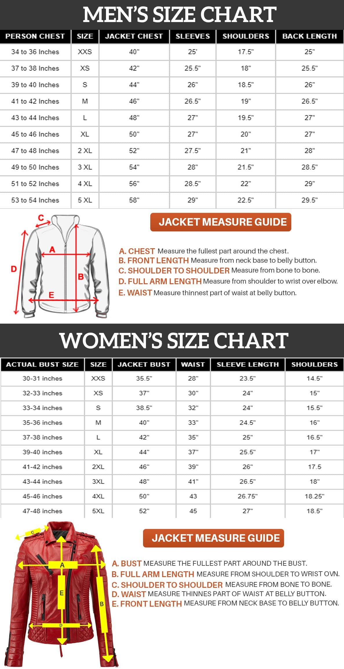 Sizing Chart for Leather Jackets Men and Women — Inland Leather Co