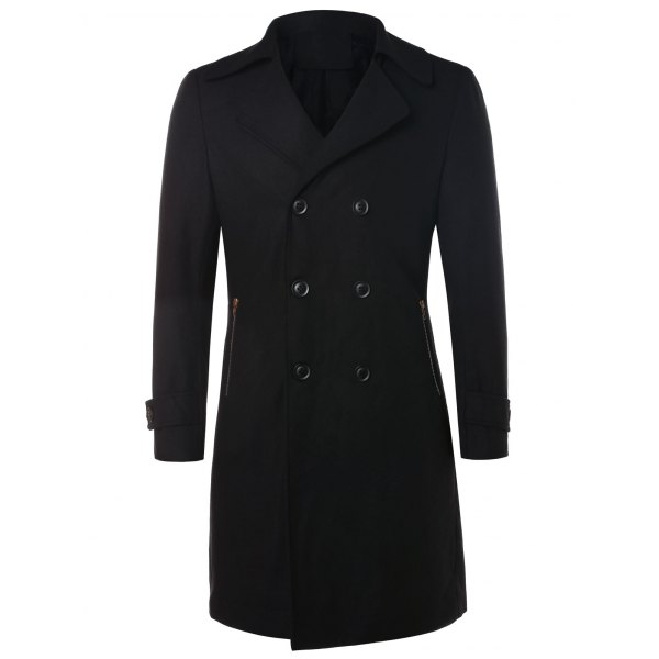 Women's Wool Blend Classic Black Trench Coat Waist Belt for Winter.