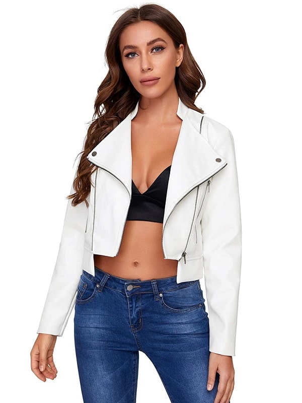 Women Cropped White Leather Jacket